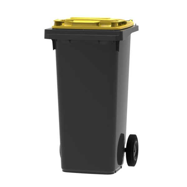 Bac poubelle à déchets 2 roues 180 litres gris couvercle jaune